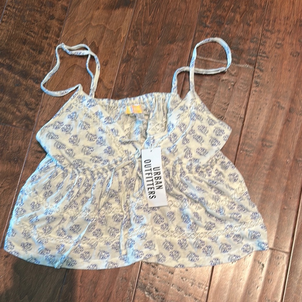 Urban Outfitters Cream and Blue Patterned Tank
